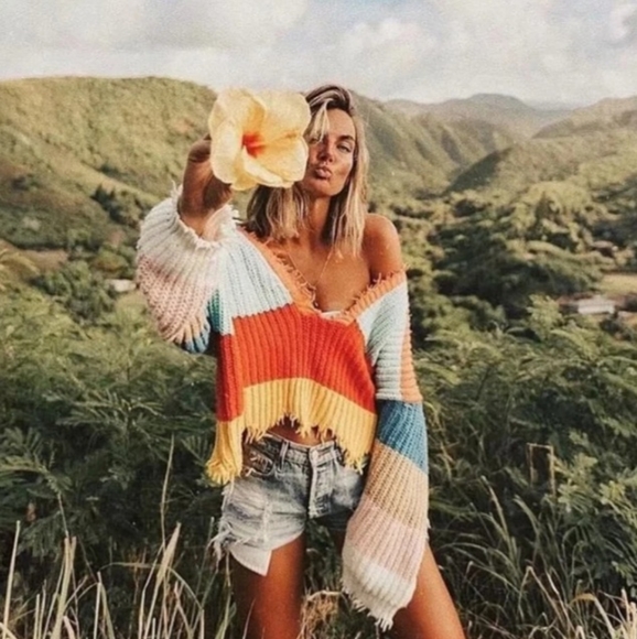 Pink Lily Sweaters - PINK LILY VINTAGE FESTIVAL RETRO COLORBLOCK STRIPED SWEATER